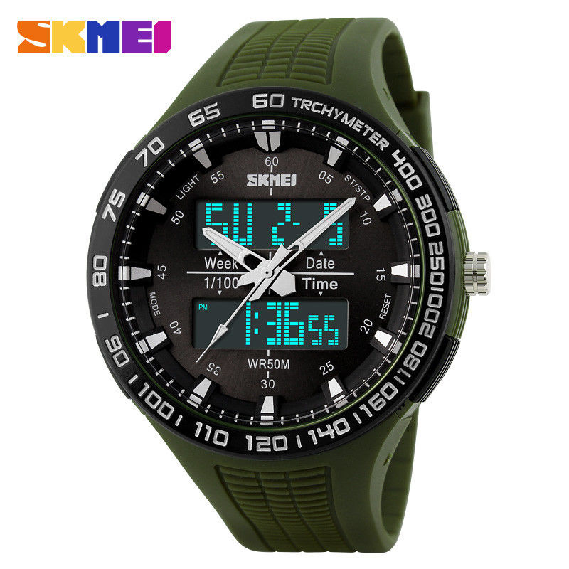 Army Green Large Dial Analog Digital Wrist Watch With  Double Japan Movts