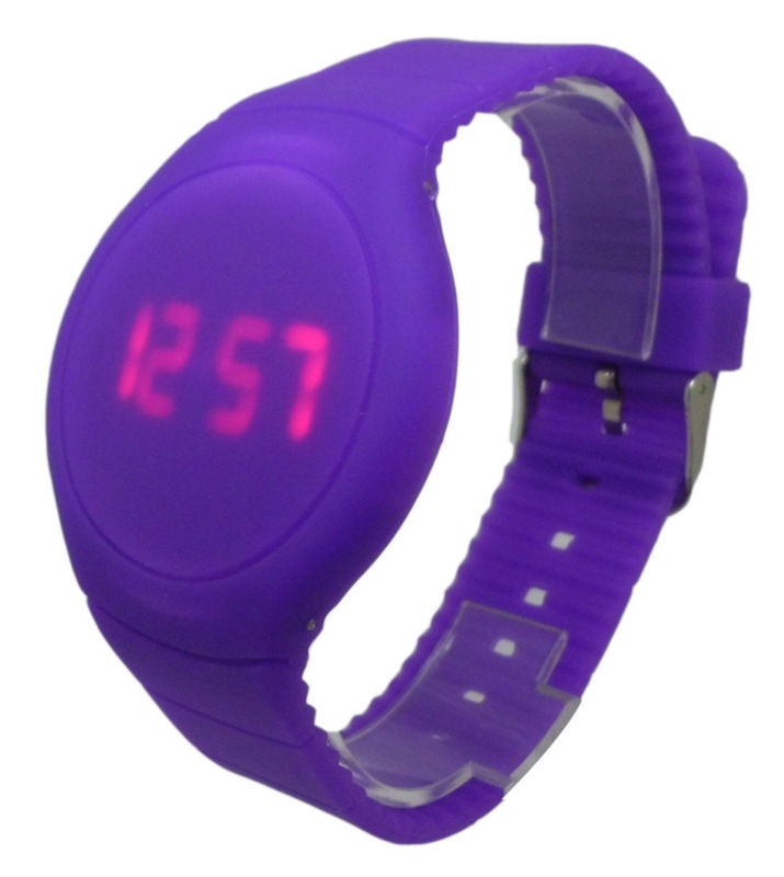 Purple Round Face LED Digital Wrist Watch For Women With Logo Debossed