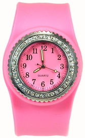 Girls Ladies Pink Snap Slap On Silicone Wristband Watch with Crystal Set Bezel