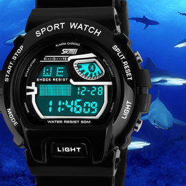 LCD Multifunction Digital Wrist Watch With PU Strap Nickel Free
