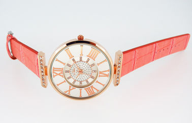 Lady Pink Leather Strap Watches Round Metal Case Quartz Watch Movements