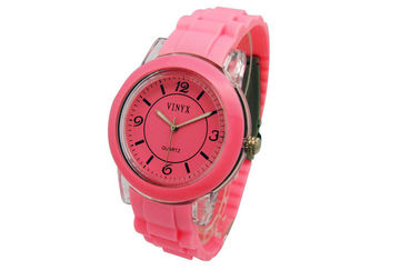 Round Silicone Wristband Watch Pink Customized Wristwatch Alloy Bezel