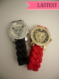 Leopard Crystal Silicone Wristband Watch Red / Black Non-corrosive