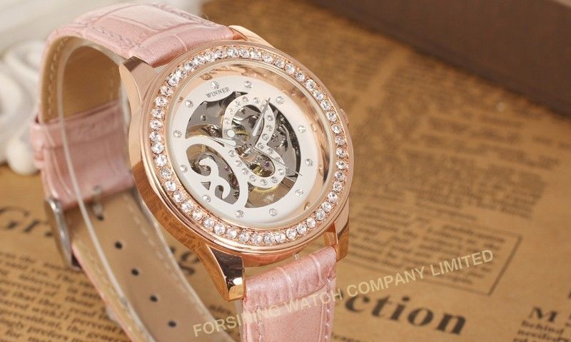 Analog Large Face Womens Wrist Watches Leather  Pink Fashion Hand Wind Mechanical Wrist Watch
