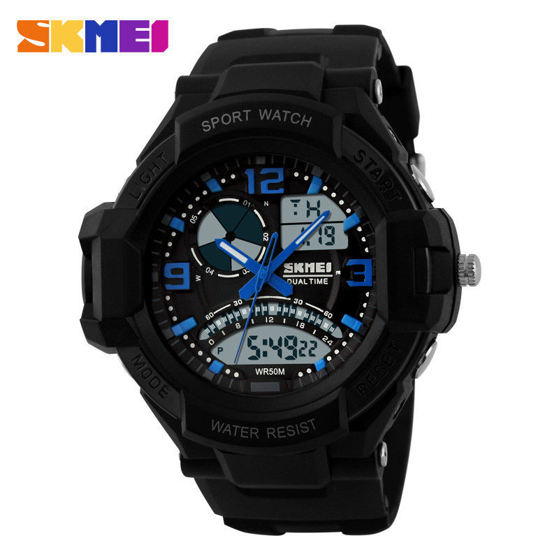 Dual Time Zone Men Alarm Stopwatch , Date Analog Quartz Digital Wrist Watch