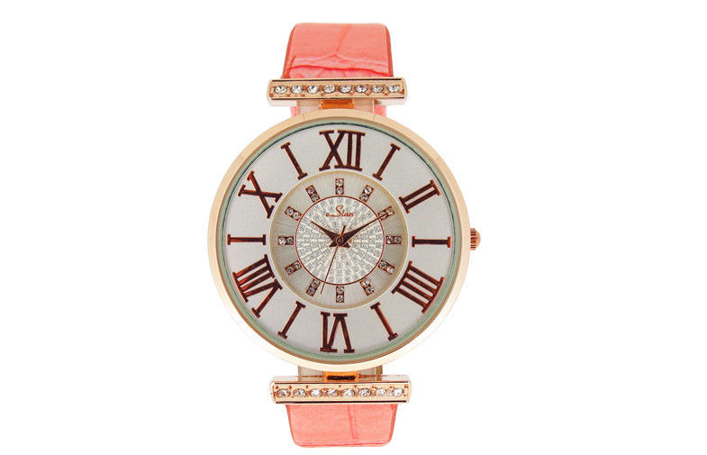 Lady Pink Leather Strap Watches Round Metal Case Quartz Watch Movements