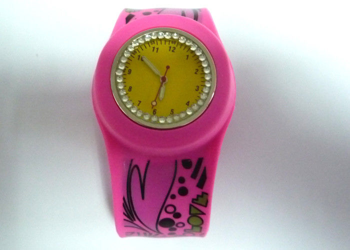 Rose Rhinestone Rubber Silicone Slap wristband Watches with Long Time Use for Girls